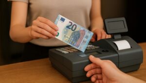 Pokladníčka prijíma 20-eurovú bankovku od zákazníka pri elektronickej pokladnici.